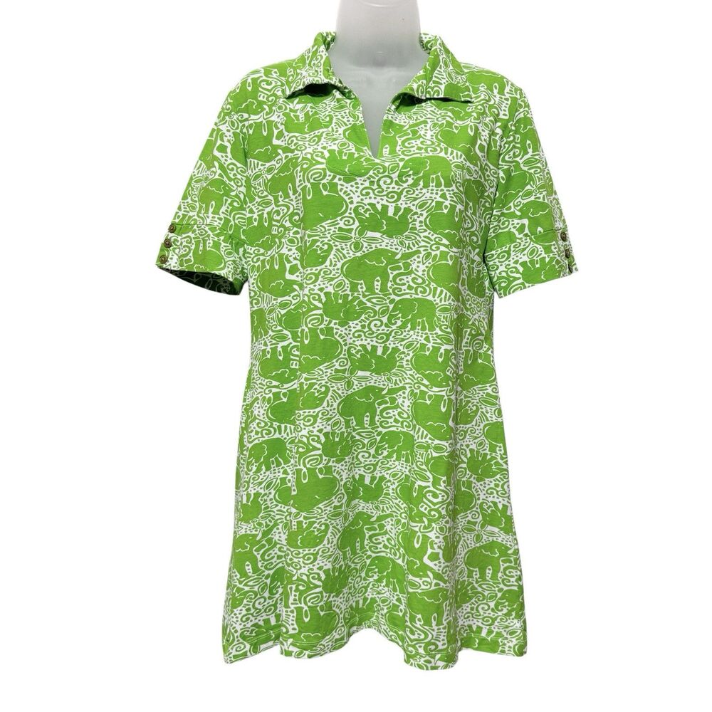 Barbara Gerwit Vintage Dress M Short Sleeve Green Elephant Print